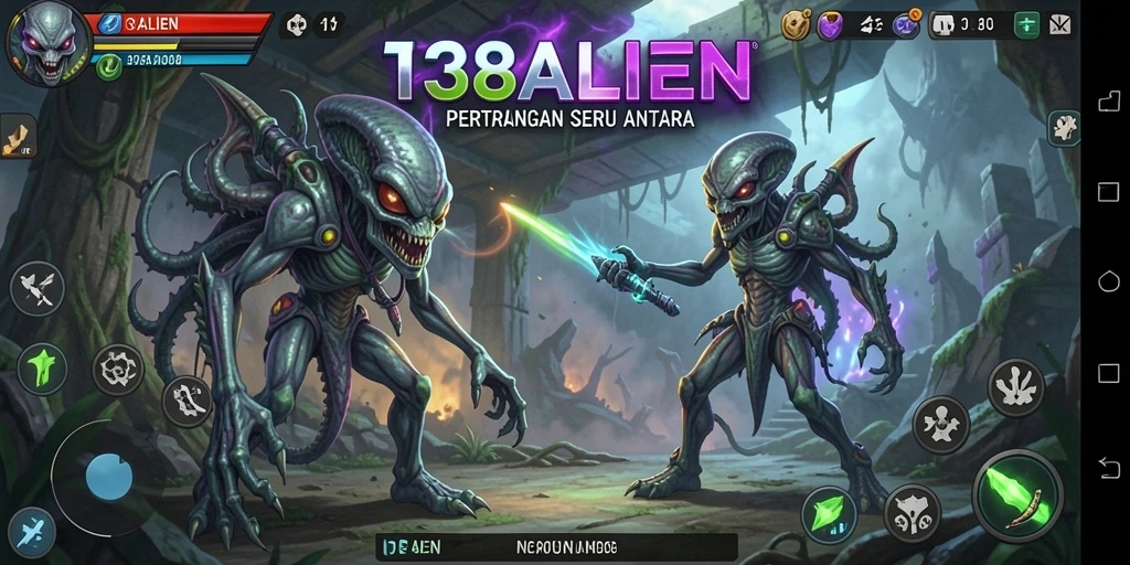 Screenshot menunjukkan gameplay aksi seru dalam pertarungan alien.