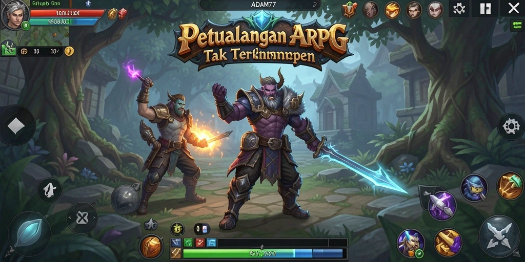 Screenshot gameplay ADAM77 menunjukkan pertarungan epik dalam dunia ARPG.